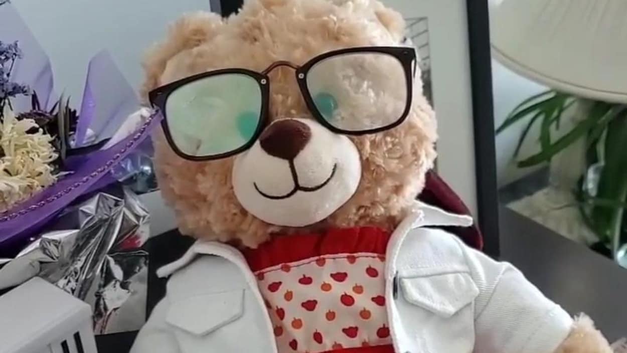 Un ourson en peluche porte des lunettes, une robe avec des coeurs et un blouson. Il est posé sur un meuble.