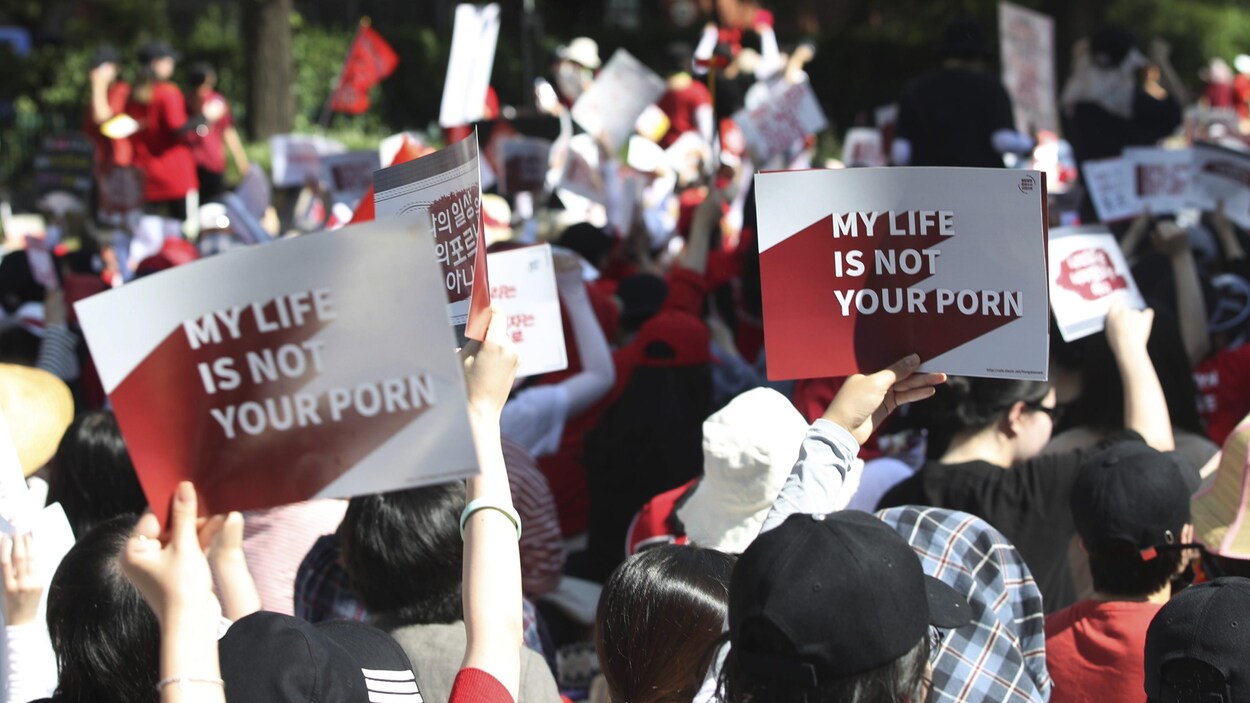 Des manifestants portent des pancartes sur lesquelles on peut lire «My life is not your porn».