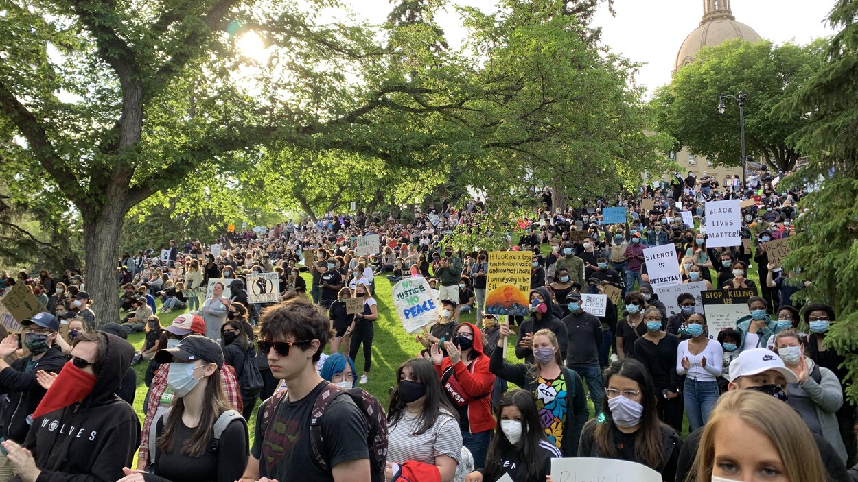 Le parc près du palais législatif est rempli de milliers de personnes qui manifestent, la majorité portant des pancartes.