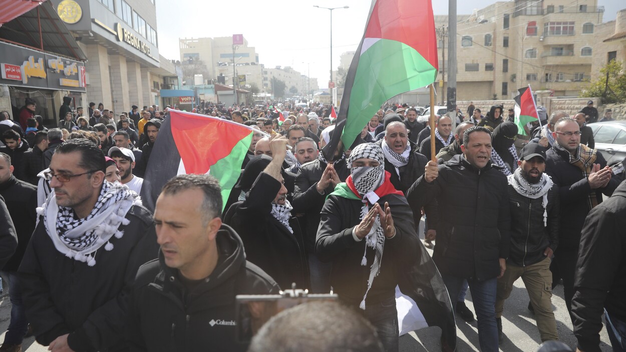 Des centaines personnes marchent dans une rue. Plusieurs brandissent des drapeaux palestiniens.