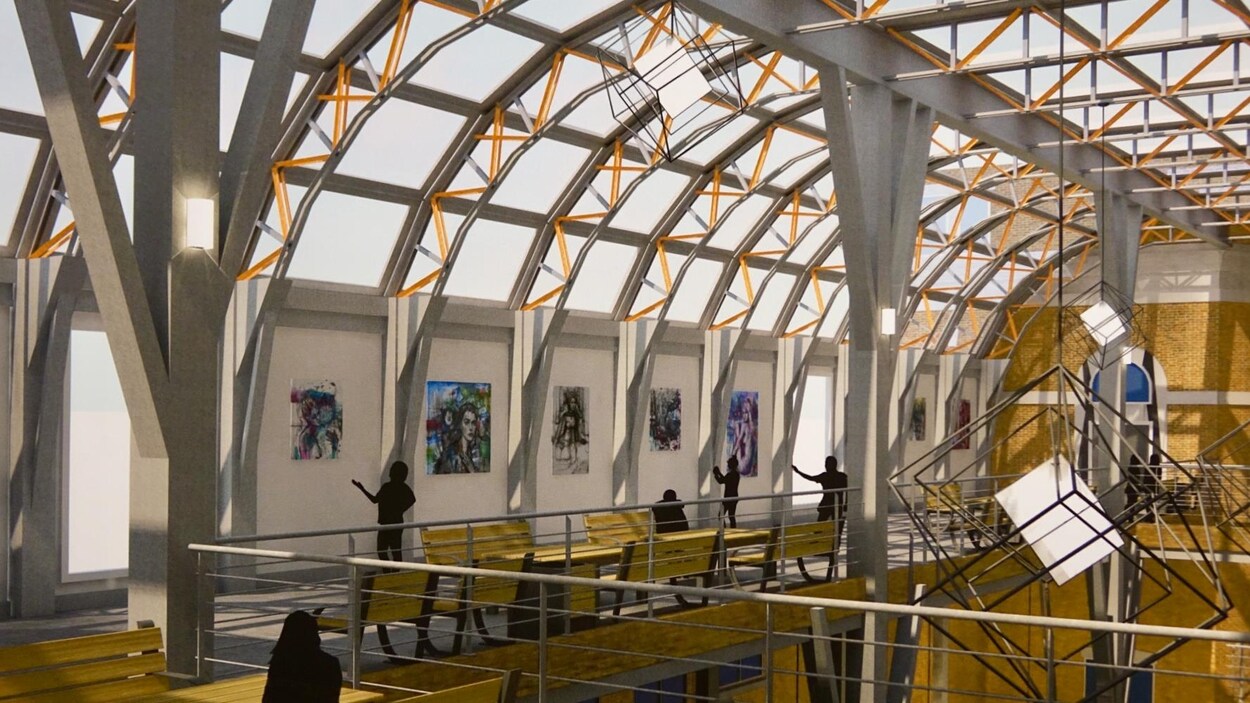 Détail du travail de l'étudiant Simon Tremblay, qui a imaginé une galerie d'art située au troisième étage, avec vue sur le fleuve. Détail du travail de l'étudiant Simon Tremblay, qui a imaginé une galerie d'art située au troisième étage, avec vue sur le fleuve.