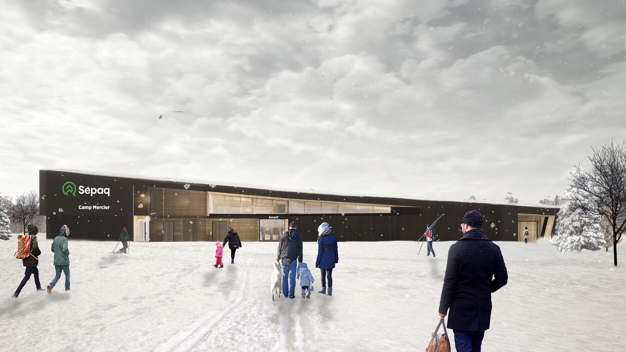 Une maquette du pavillon d'accueil du Camp Mercier, en hiver, avec des gens qui marchent vers l'entrée