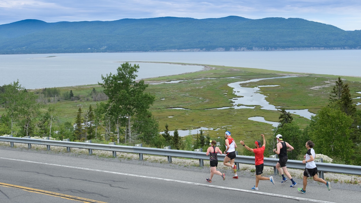 Les coureurs devant le magnifique panorama de la baie de Gaspé
