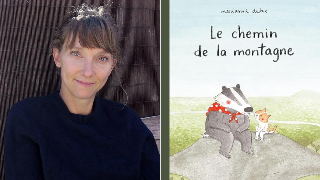 Montage d'un portrait de l'auteure et illustratrice Marianne Dubuc et de la couverture de son album « Sur le chemin de la montagne », sur laquelle sont dessinés un blaireau et un chat assis côte à côte.