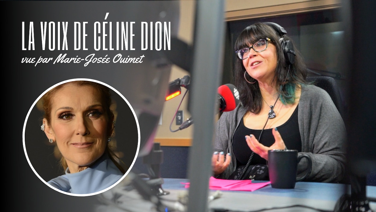 Marie-Josée Ouimet devant un micro (à droite) avec une image de Céline (à gauche).