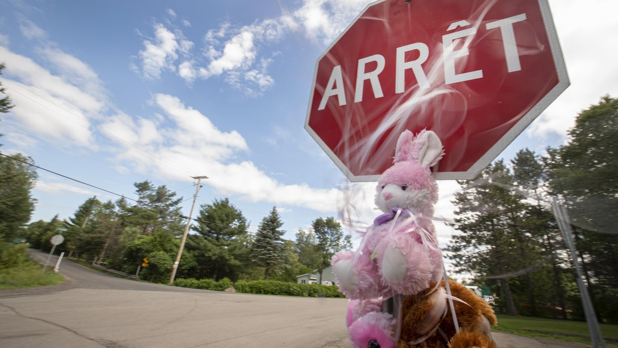 Des toutous en peluche accrochés près d'un panneau arrêt.