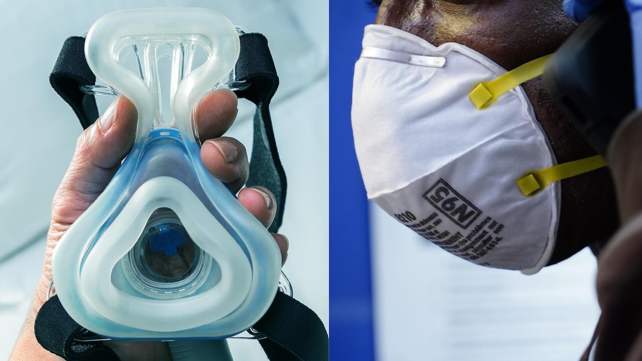 Respirateur à la gauche et masque N95 à la droite.