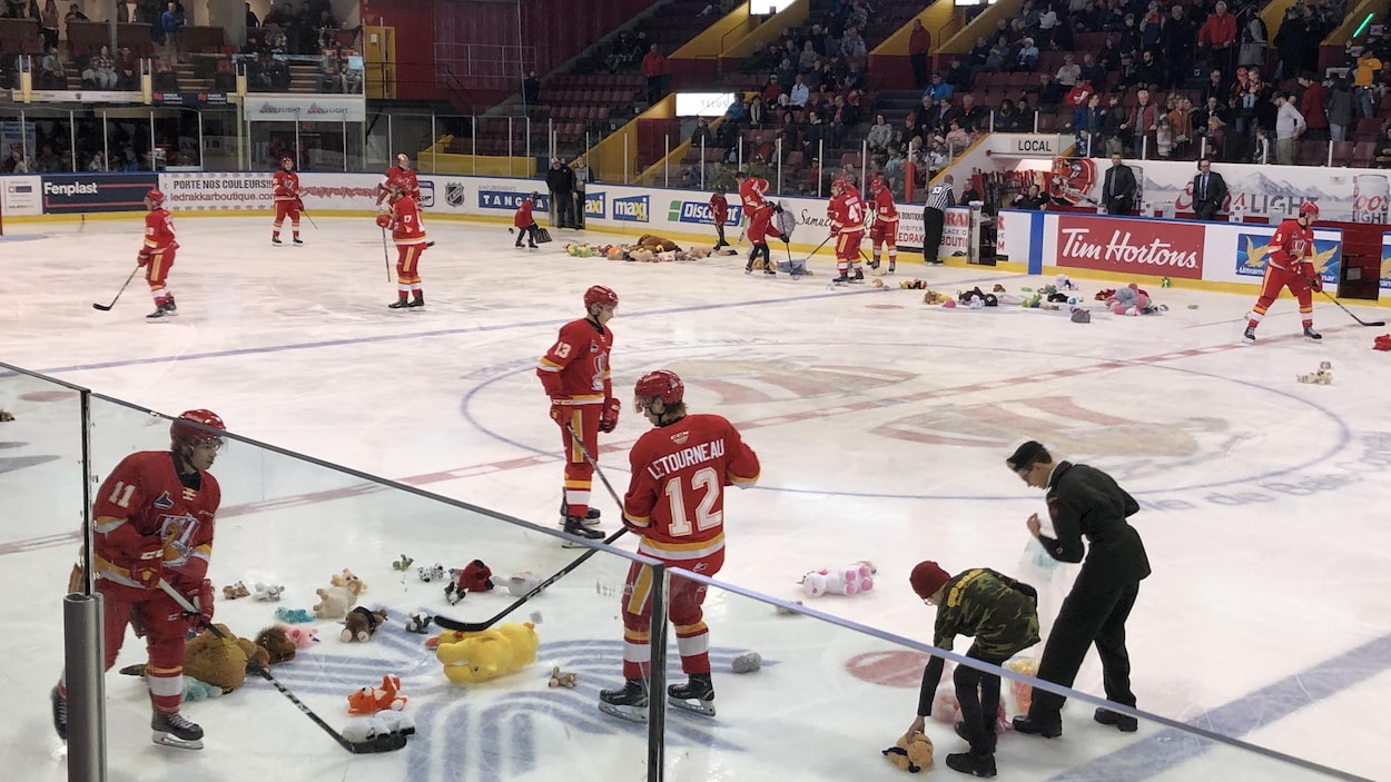 Des joueurs du Drakkar poussent des animaux en peluche avec leurs bâtons sur la patinoire.