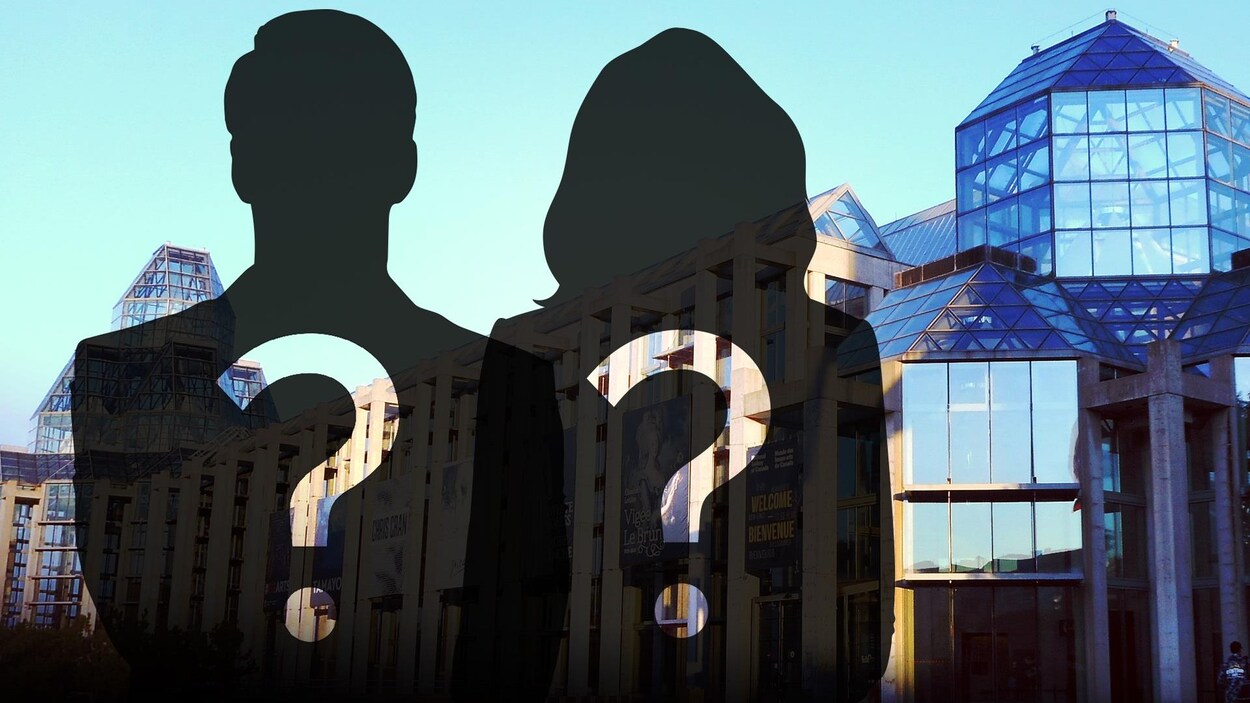 Une silhouette d'homme et une silhouette de femme se découpent sur la façade du Musée, avec des points d'interrogation.