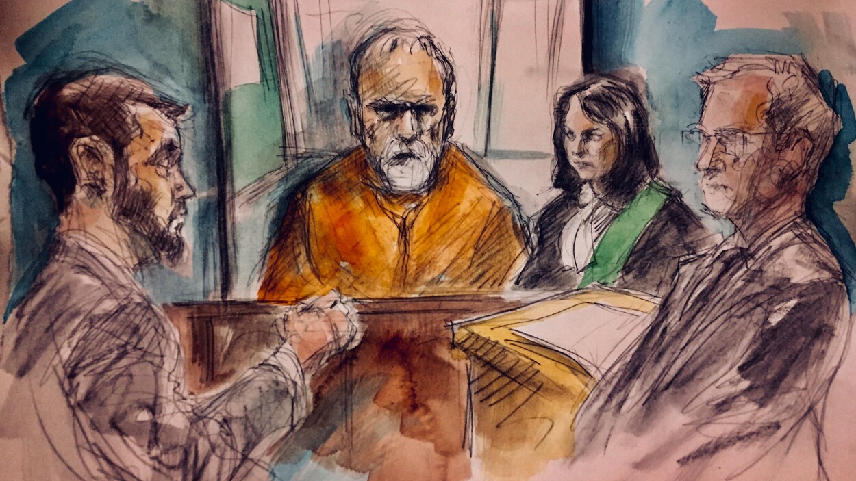 Dessin de cour de Bruce McArthur portant une tenue de prisonnier orange. Dessin de cour de Bruce McArthur portant une tenue de prisonnier orange.