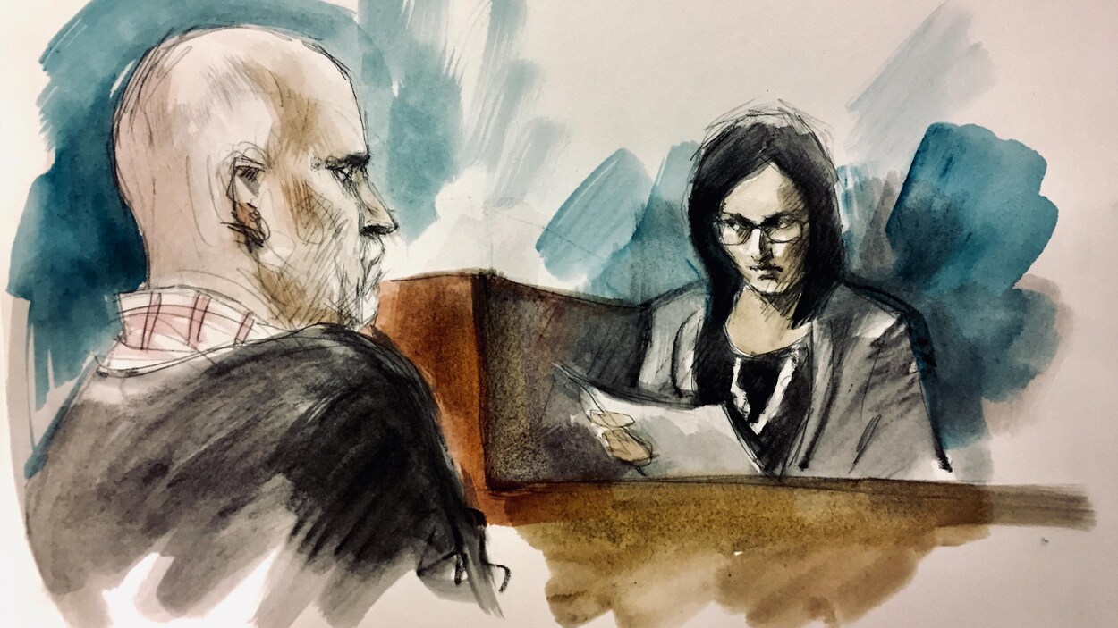 Un sketch de cour montrant une femme lisant un témoignage devant un homme
