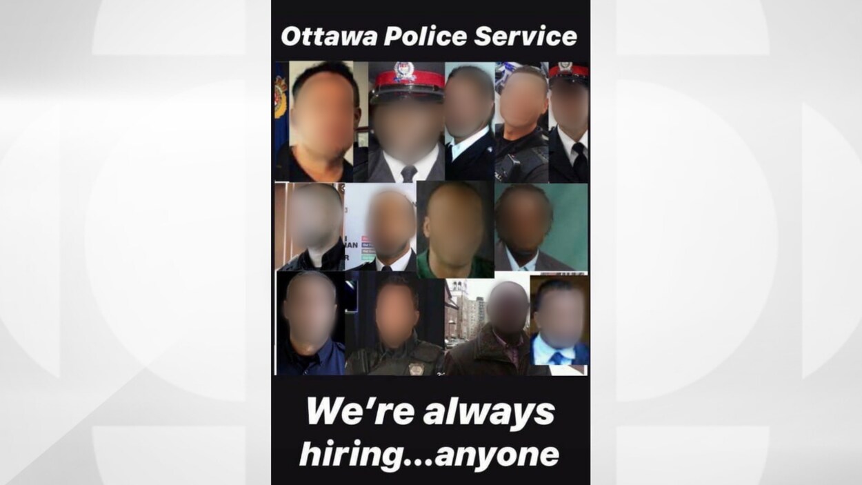 Un mème affichant 13 policiers d'Ottawa noirs ou asiatiques. Un texte est mentionne qu'au « Service de police d'Ottawa : nous embauchons toujours... n'importe qui ».