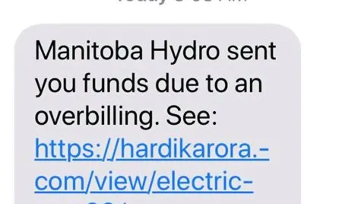 Un message texte où il est écrit en anglais Hydro Manitoba vous a envoyé un remboursement en raison d'une surfacturation. Pour recevoir l'argent cliquer sur ce lien.