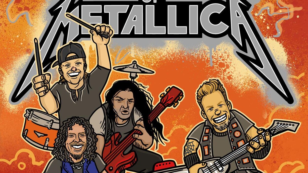 La couverture du livre The ABCs of Metallica : une illustration montrant les quatre membres actuels du groupe, surmontée du titre du livre empruntant la typographie habituelle utilisée par le groupe.