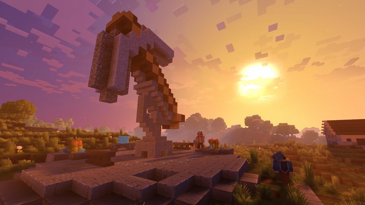 Une capture d'écran montrant un coucher de soleil dans Minecraft.