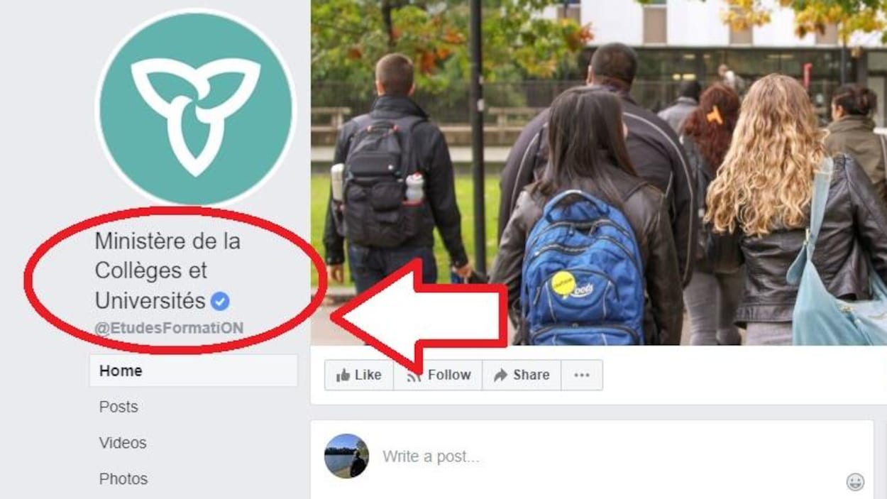 L'interface Facebook du ministère des Collèges et des Universités.
