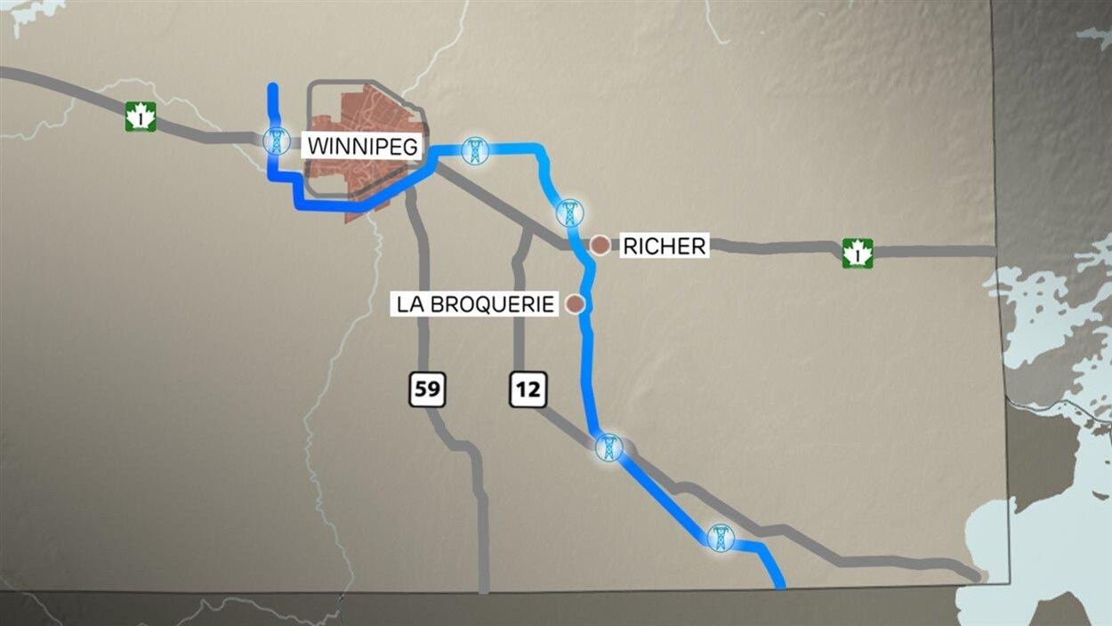 Un schéma du tracé de la ligne de transmission d'électricité entre Winnipeg et le Minnesota qui passe par les communautés de La Broquerie et Richer. Un schéma du tracé de la ligne de transmission d'électricité entre Winnipeg et le Minnesota qui passe par les communautés de La Broquerie et Richer.