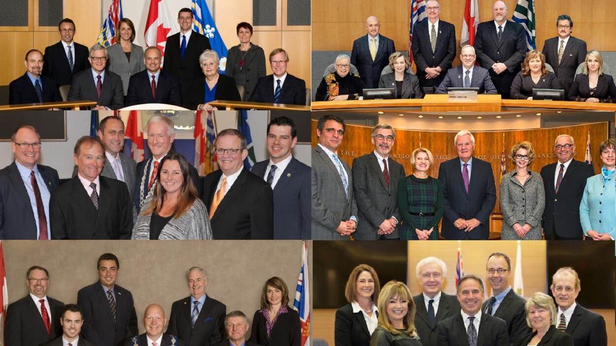 Six photos de groupe des conseils municipaux où tous les membres sont blancs.