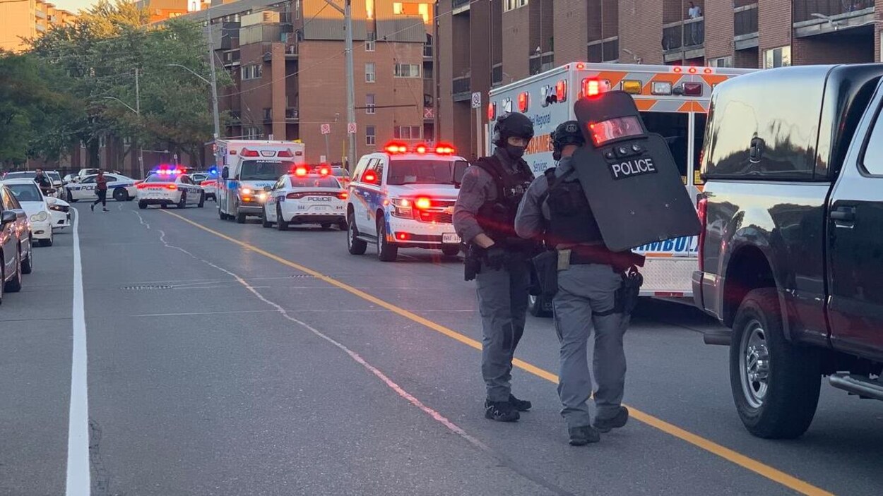 Des policiers lourdement équipés dans une rue remplie de voitures de police et d'ambulances.