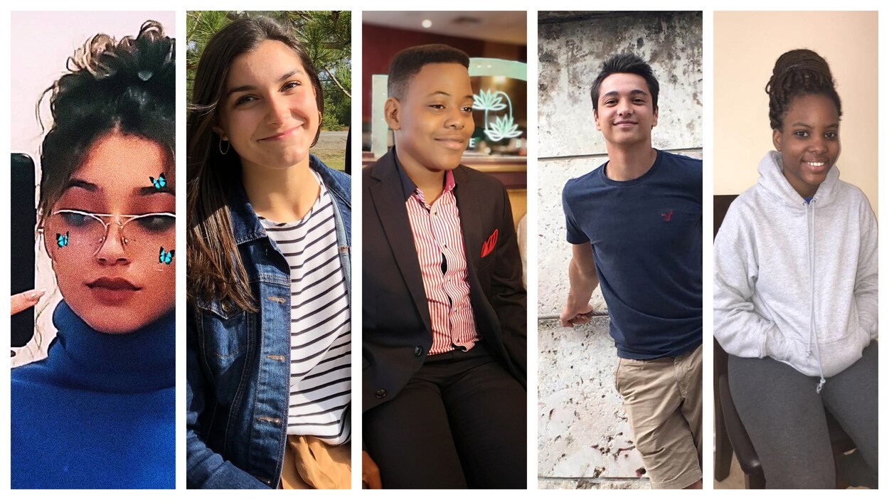 Montage de cinq photos de jeunes : trois filles et deux garçons.