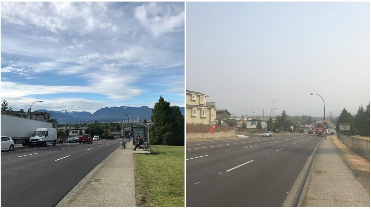 À gauche une photo des montagnes au nord de Vancouver lors d'une journée claire et ensoleillée et à droite une photo des montagnes rendus invisibles par la fumée À gauche une photo des montagnes au nord de Vancouver lors d'une journée claire et ensoleillée et à droite une photo des montagnes rendus invisibles par la fumée