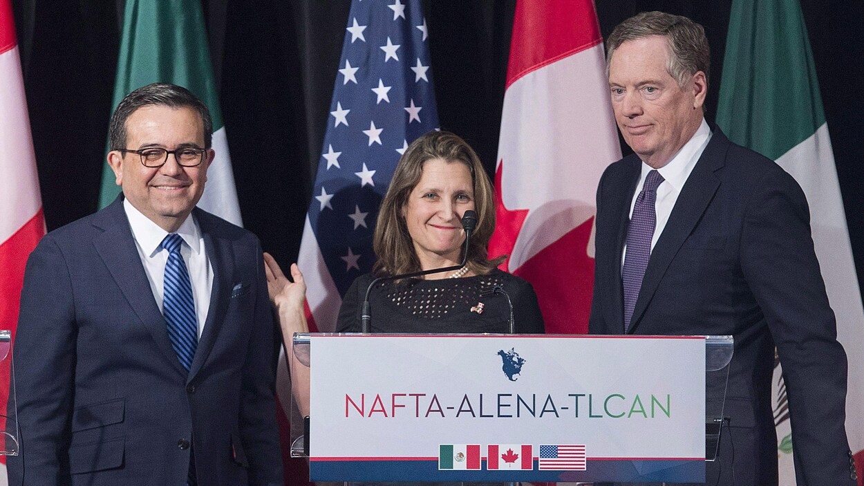Les responsables de la renégociation de l'ALENA pour le Mexique, le Canada et les États-Unis : Ildefonso Guajardo, Chrystia Freeland et Robert Lighthizer