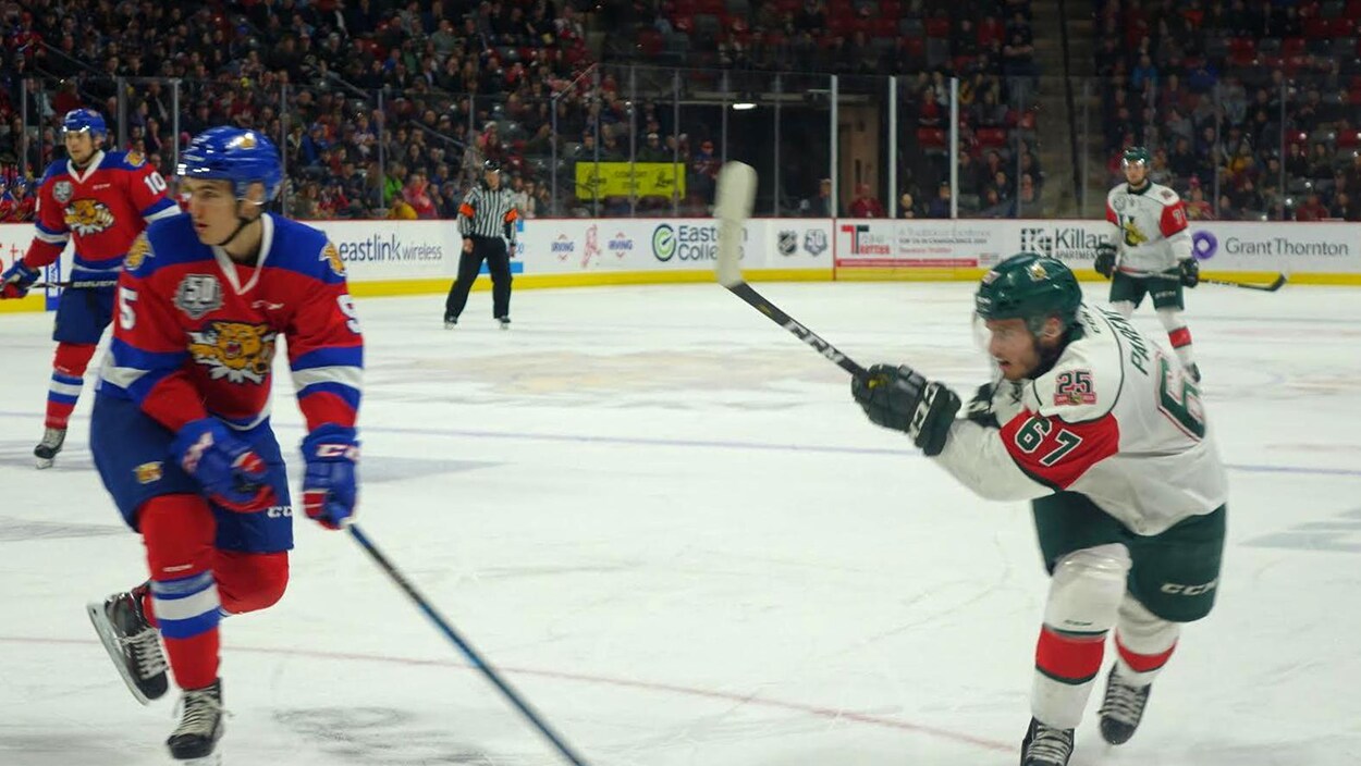 Un joueur des Mooseheads fait un lancer frappé sur la patinoire.