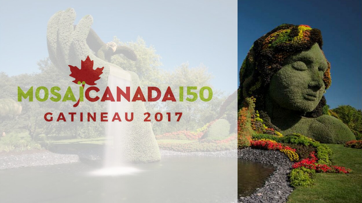 Le logo des Mosaïcanada150 avec en fond d'écran une image de Terre Mère, une oeuvre «signature» des Mosaïcultures internationales. Le logo des Mosaïcanada150 avec en fond d'écran une image de Terre Mère, une oeuvre «signature» des Mosaïcultures internationales.