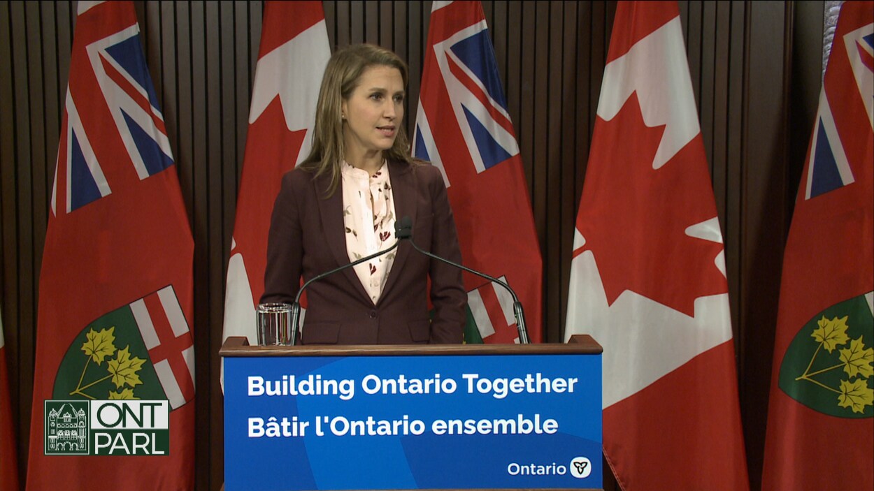 La ministre derrière un podium en conférence de presse.