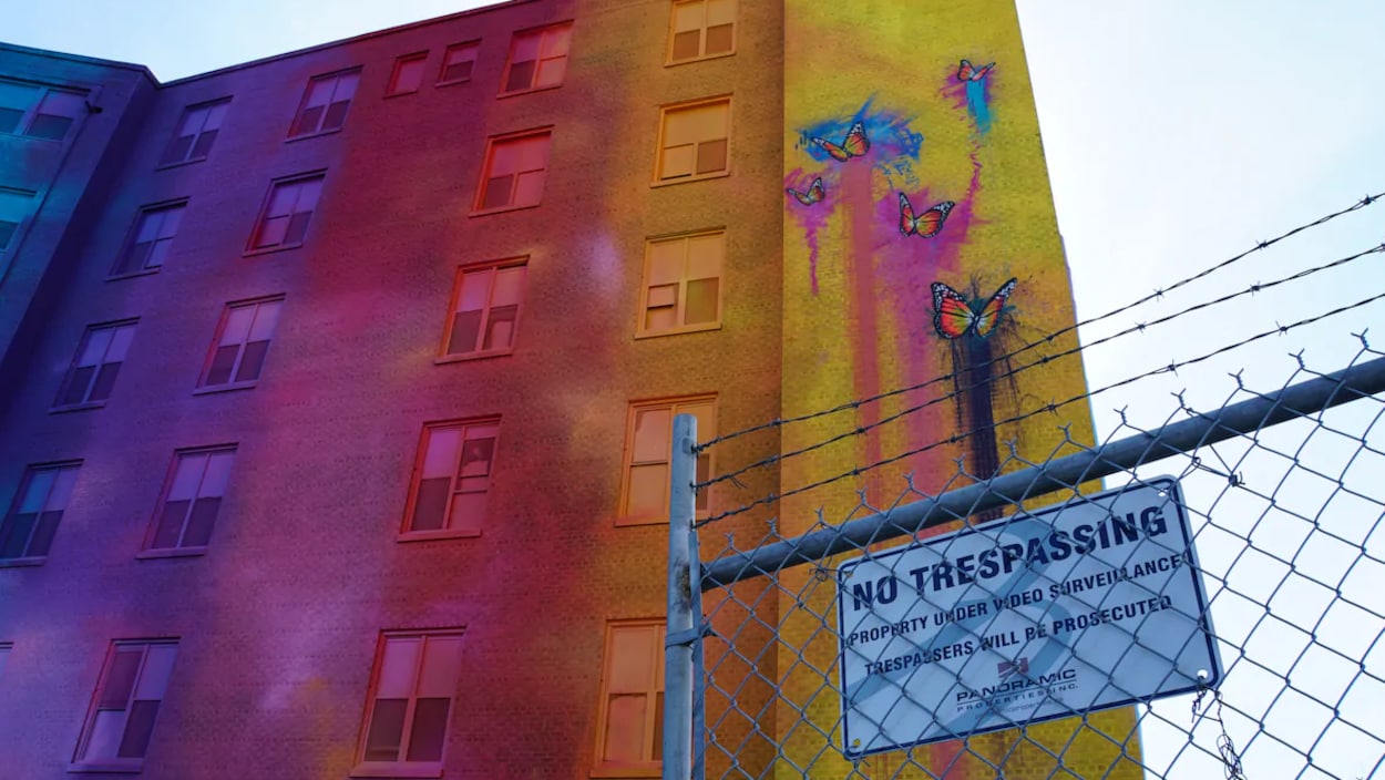 Une murale colorée avec des papillons.