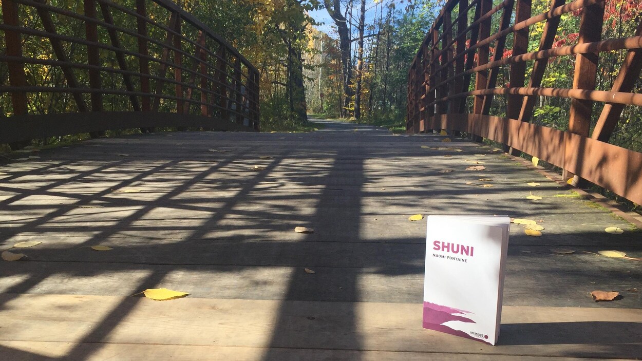 Le livre est posé sur un pont, sur une piste cyclable dans la forêt.
