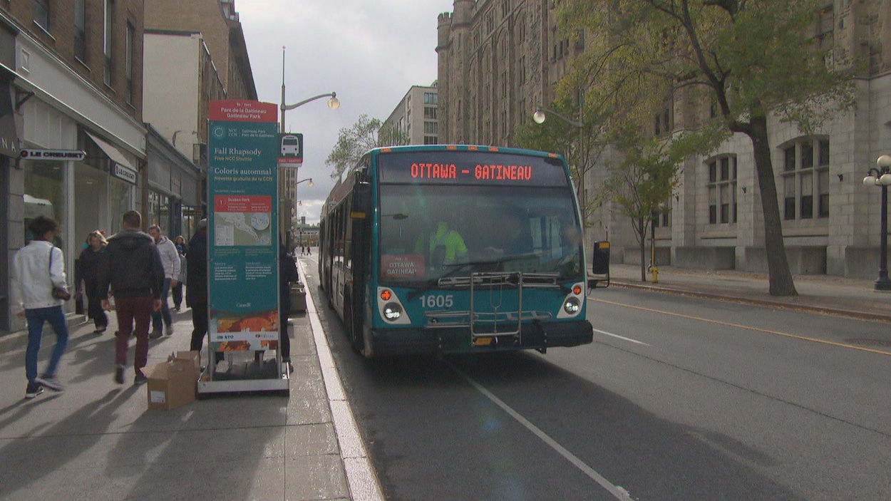 Un autobus de la STO sillonne une rue.