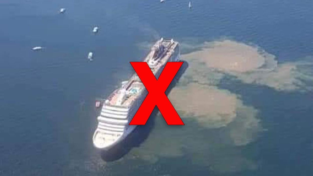 Il s'agit d'un immense navire de croisière, entouré d'effluves brunes.