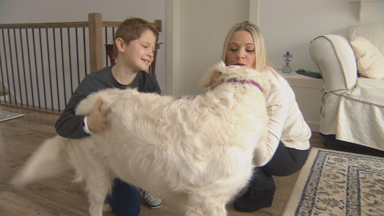 Denis Cozzi et sa mère, Mafalda Palomba, jouent avec leur chien dans la maison familiale.