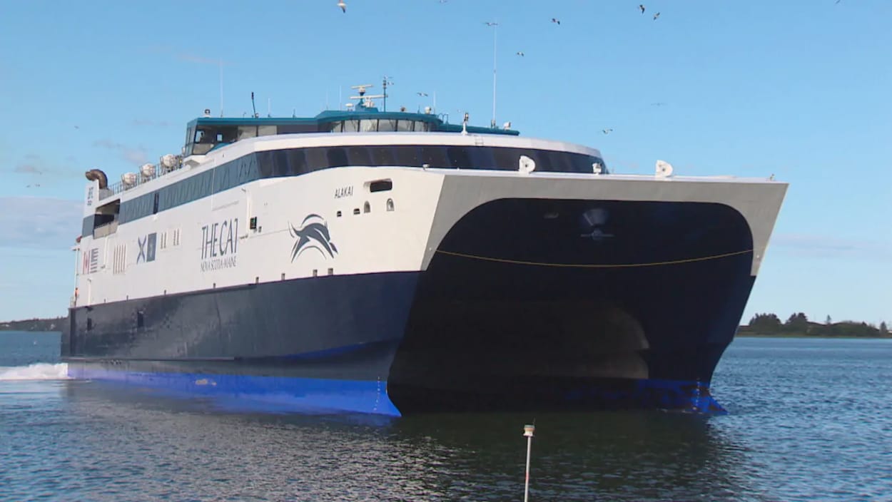 Le traversier, un énorme catamaran, s'approche d'un quai.
