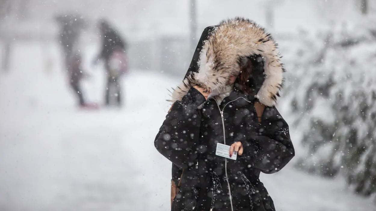 Une femme portant un gros manteau marche dans la neige et tient un carte dans sa main le 10 janvier 2020 sur le campus de l'Université Simon Fraser à Burnaby, en Colombie-Britannique.