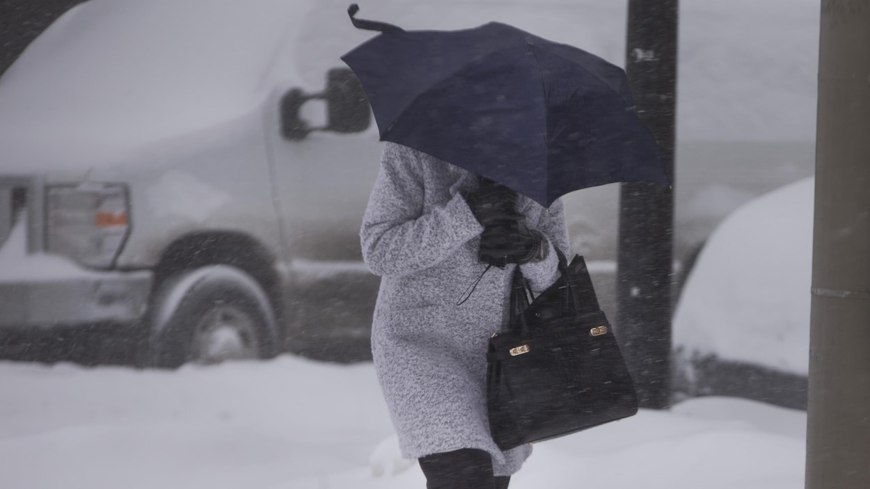 Une piétonne sous un parapluie marche dans la neige.
