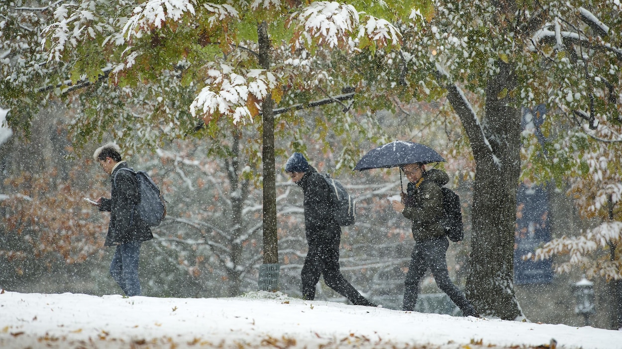Trois jeunes hommes marchent dans la neige.