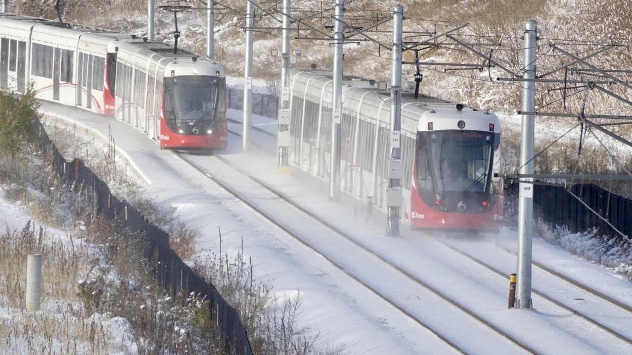 Deux trains se déplacent sur les rails enneigés.