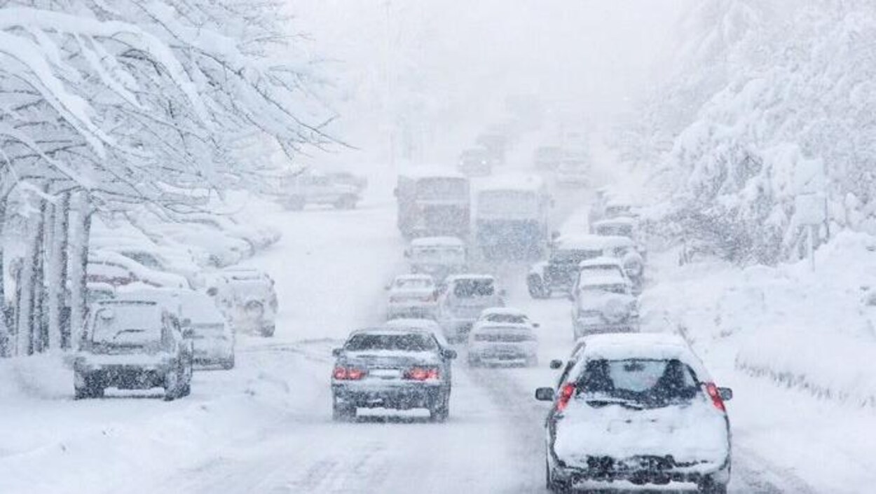 Voitures enneigées qui roulent sur de la neige