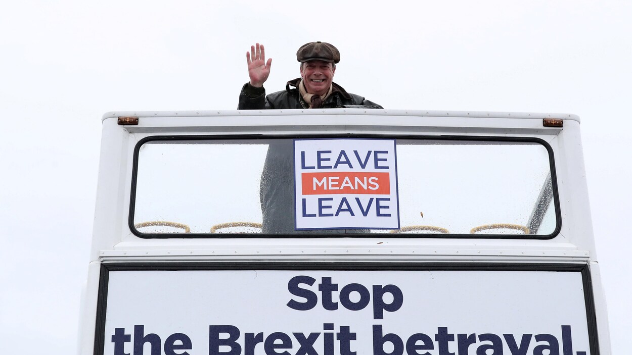 Nigel farage devant des pancartes sur lesquelles on peut lire «Partir veut dire partir» et «Arrêtons la trahison du Brexit».