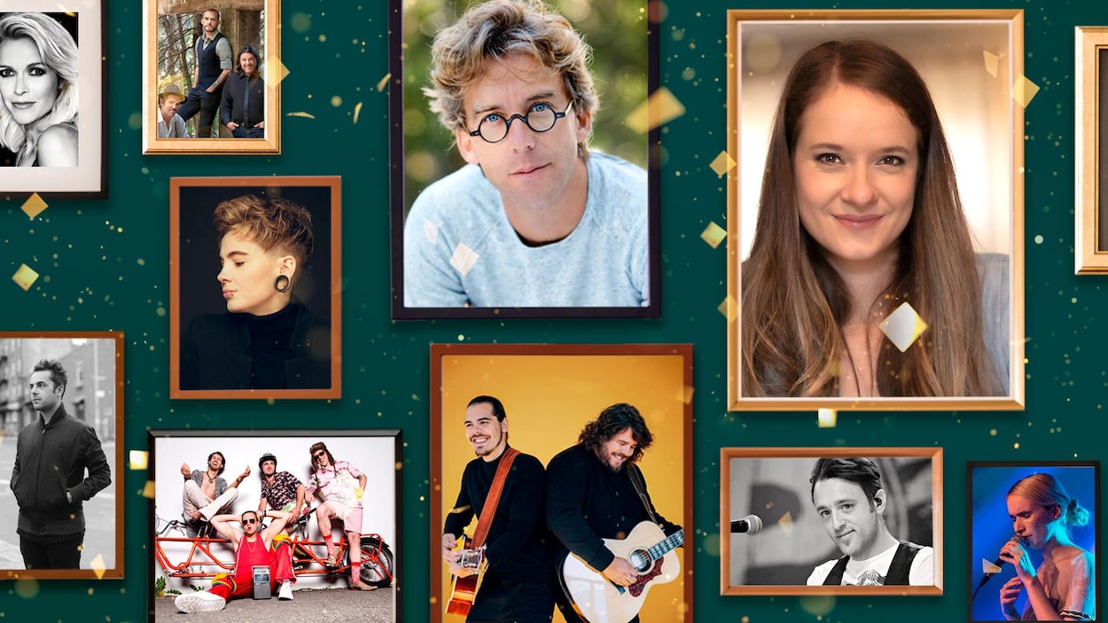Tableau avec plein de photos d'artistes, dont Fred Pellerin, Brigitte Boisjoli, 2 frères, Guillaume Marchand, Catherine Laurin, Dumas, Roxanne Bruneau et QW4RTZ.