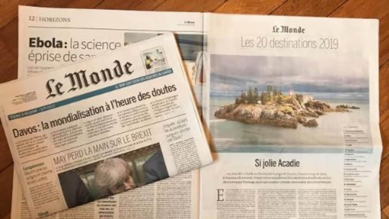 La page du format papier du quotidien français Le Monde où on peut lire « Si jolie Acadie ».