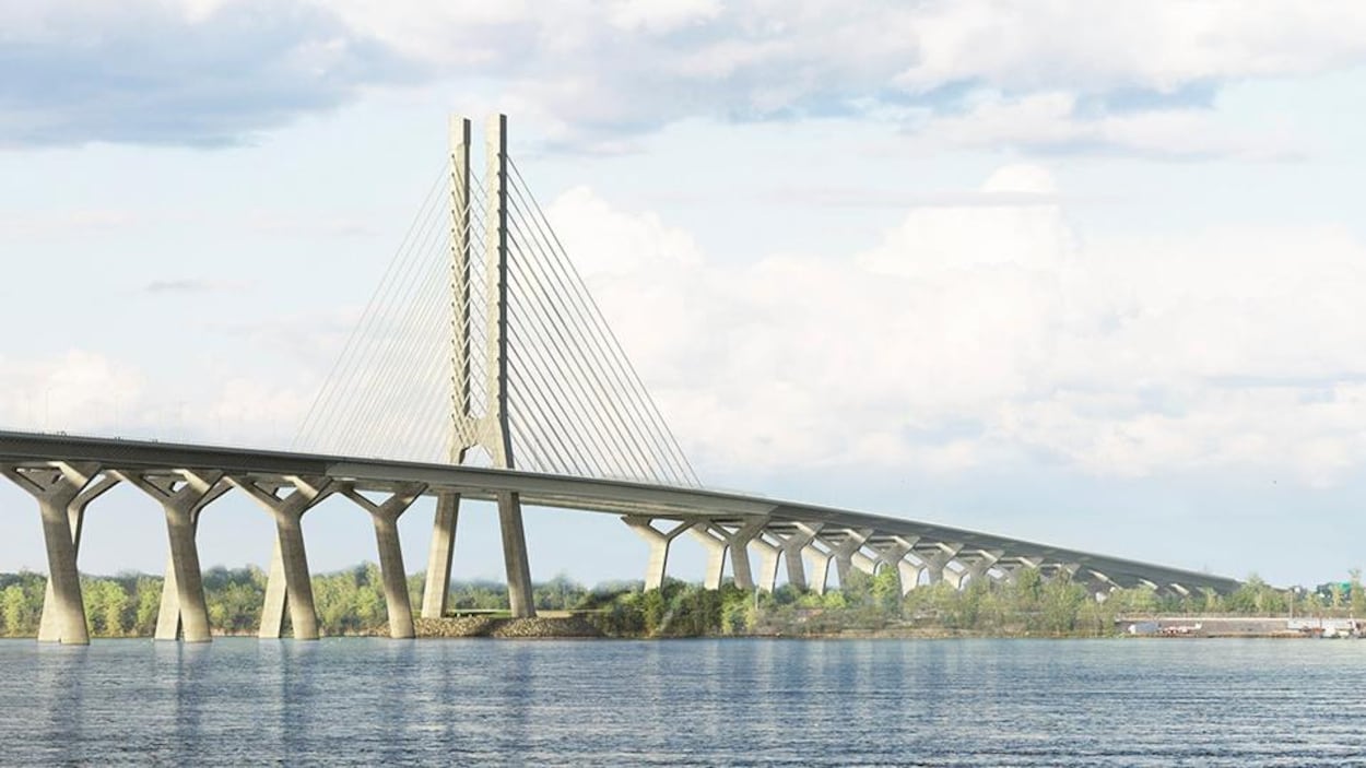 Aperçu de ce dont aurait l'air le nouveau pont Champlain. La structure est épurée et comprend un seul pilier, à mi-chemin.
