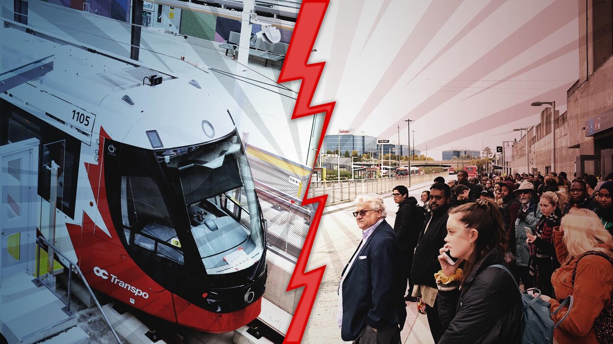 Un devant du train léger et des passagers qui attendent sur un quai.