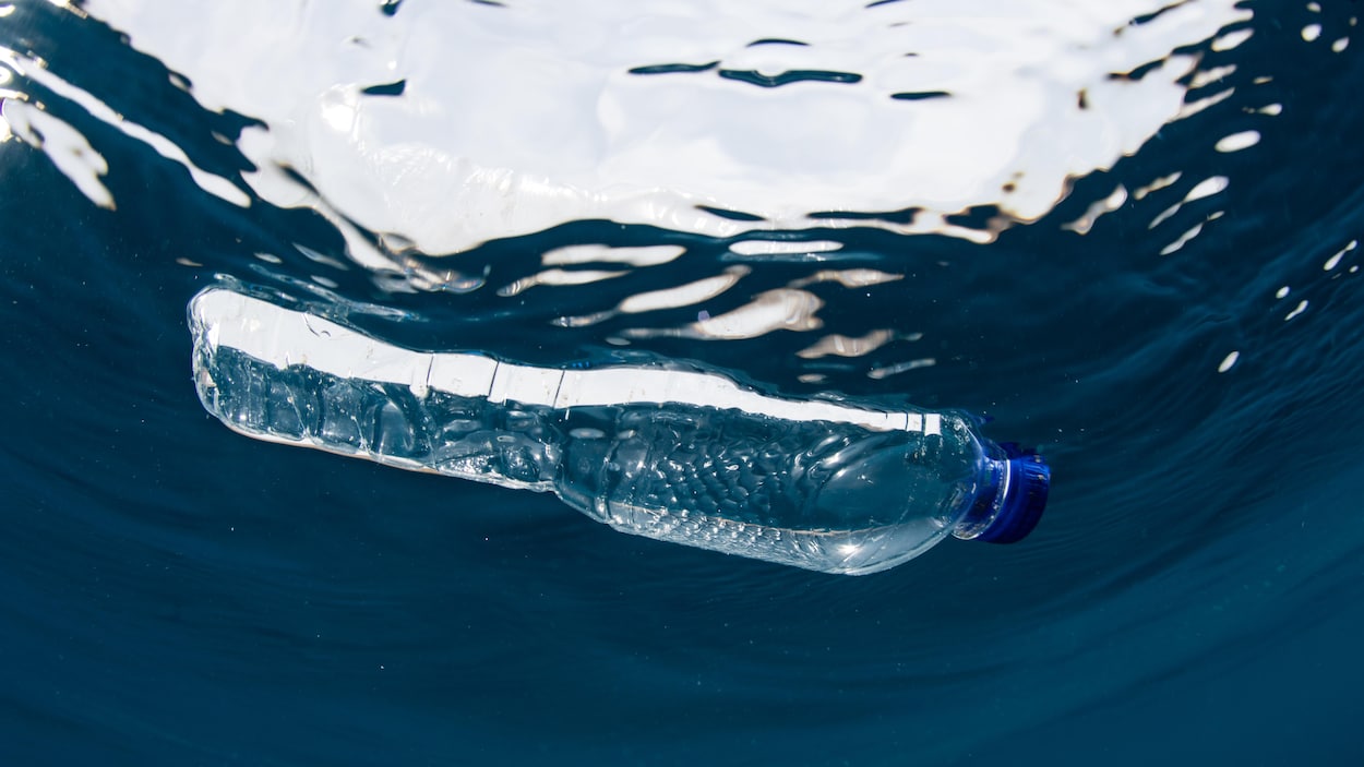 Une bouteille d'eau en plastique flottant sur l'eau.