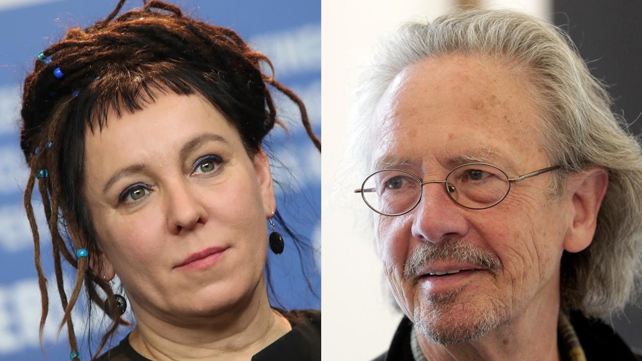Portrait d'Olga Tokarczuk, dont les cheveux sont ornés de perles bleues, et portrait de Peter Handke, qui porte des lunettes et a les cheveux gris.