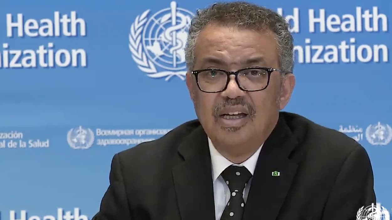 Tedros Adhanom Ghebreyesus lors d'une conférence de presse virtuelle.