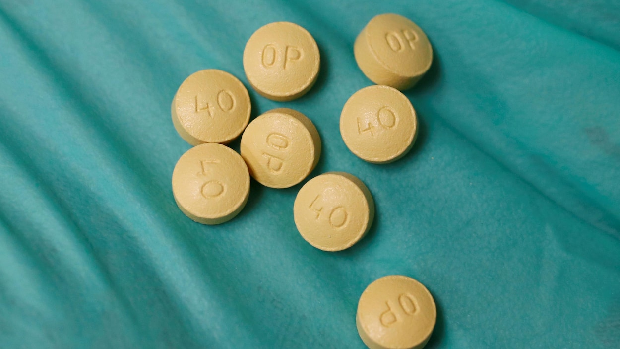 Huit comprimés d'OxyContin sur un morceau de tissu
