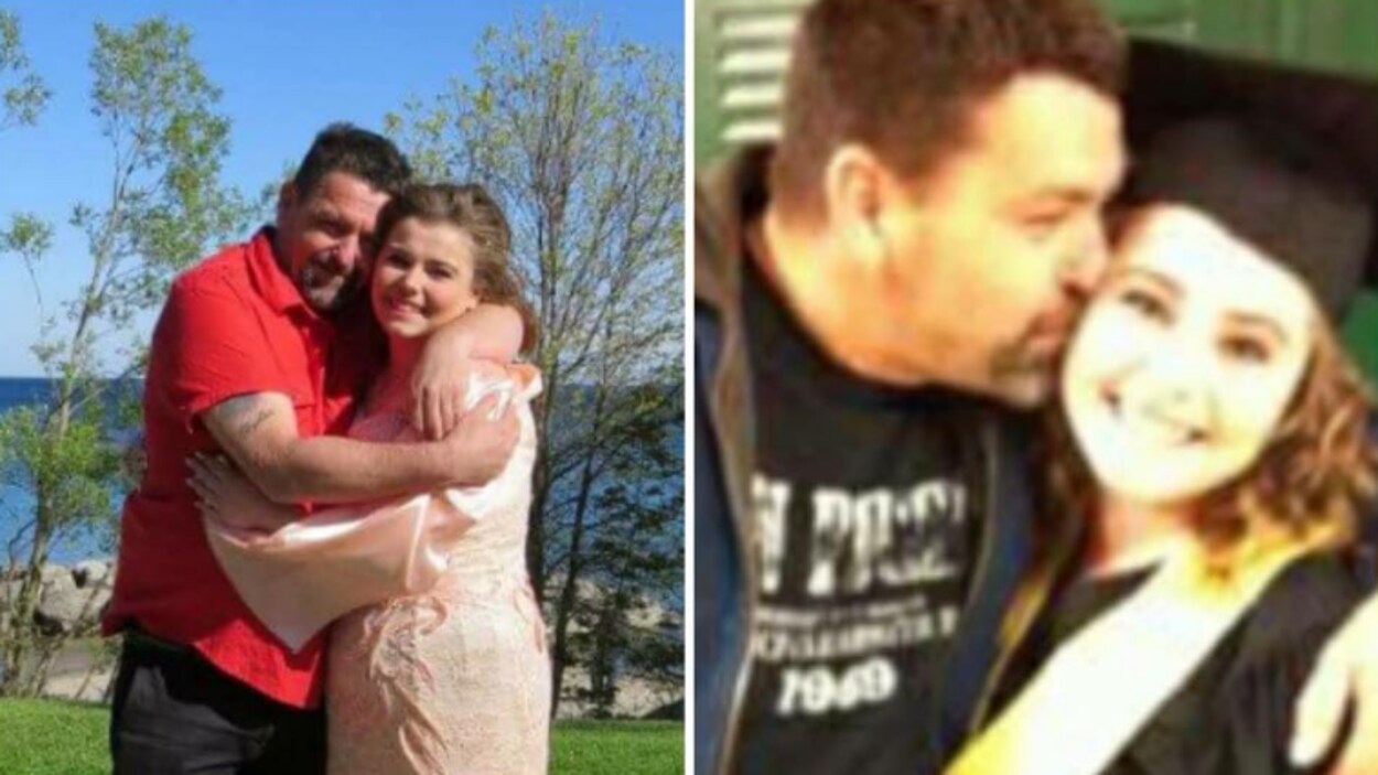 Deux photos de Steven Macdonald qui serre sa fille dans ses bras.